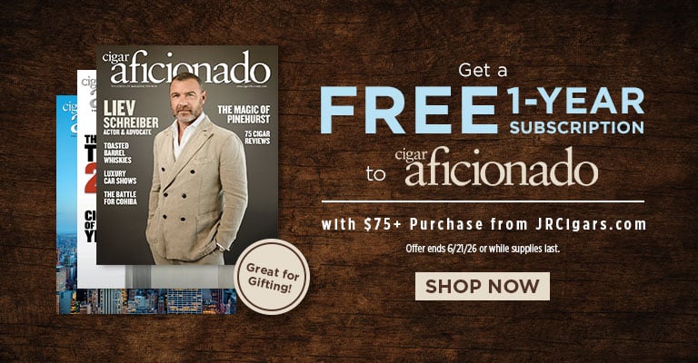 Get a Free cigar aficionado 1-year subscription with a $75+ JR purchase